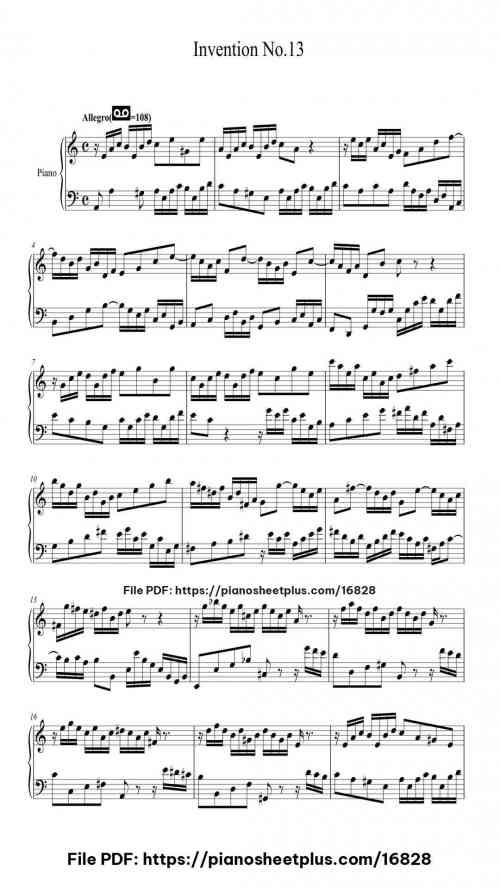 Invention No. 13 in A Minor, BWV 784 by Johann Sebastian Bach Level Beginner 12 Invention No. 13 in A Minor, BWV 784 by Johann Sebastian Bach Level Beginner