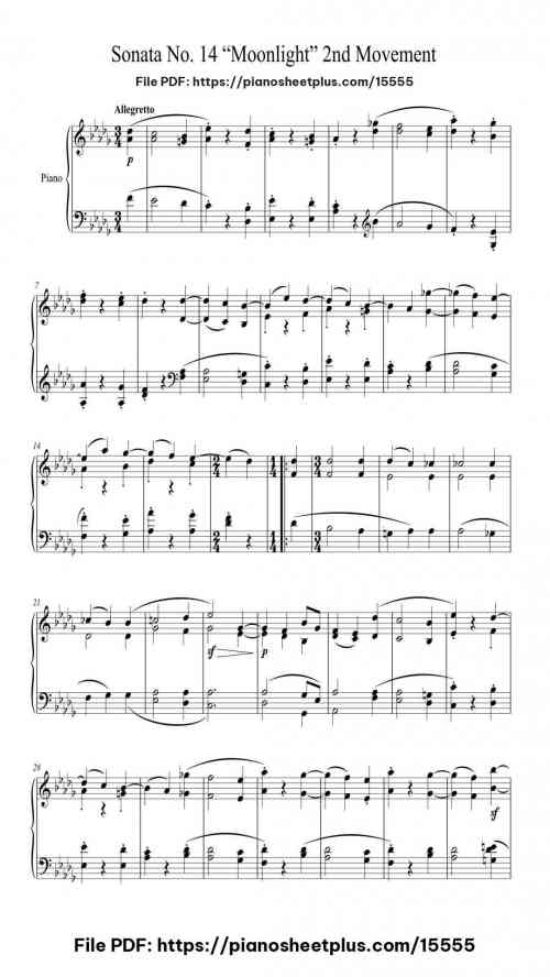 Sonata No. 14 in C# Minor, Op. 27, No. 2 "Moonlight": II. Allegretto by Ludwig van Beethoven Level Intermediate 16 Sonata No. 14 in C# Minor, Op. 27, No. 2 “Moonlight”: II. Allegretto by Ludwig van Beethoven Level Intermediate
