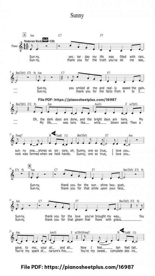 Sunny by Bobby Hebb Level Easy 3 Sunny piano sheet music free pdf