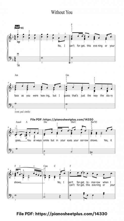 Without You - Free Piano Notation Sheet (PDF) 4 Without You piano sheet music free pdf