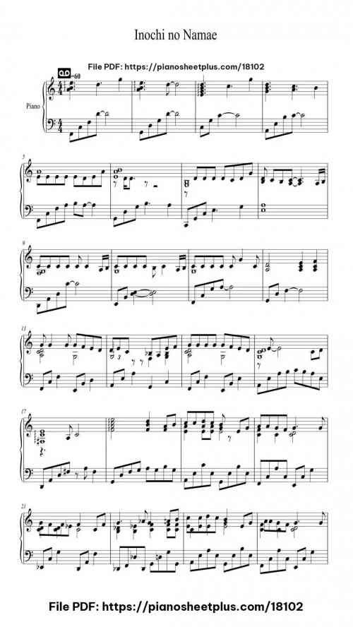 Inochi no Namae (The Name of Life) - Spirited Away by Joe Hisaishi Level Intermediate 7 Inochi no Namae (The Name of Life) – Spirited Away by Joe Hisaishi Level Intermediate