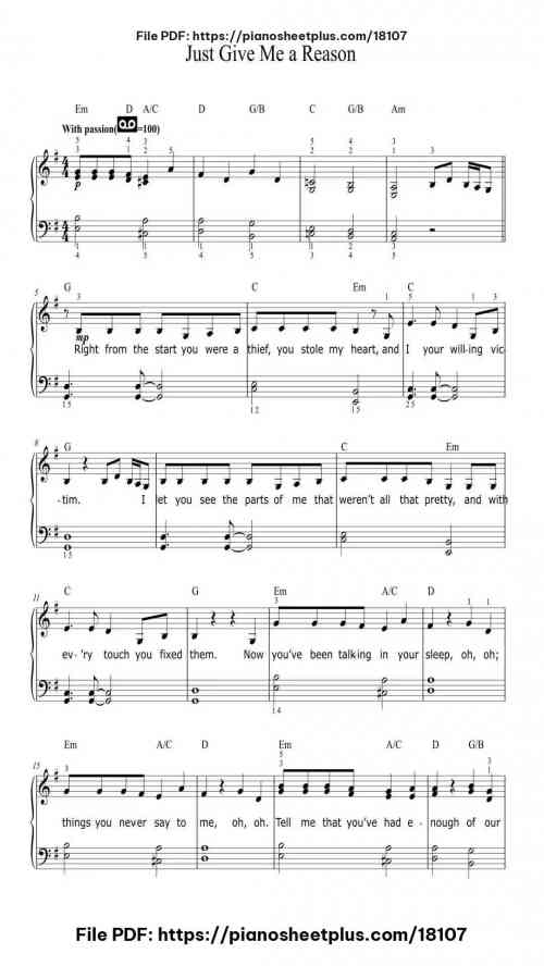 Just Give Me a Reason by P!nk Level Beginner 3 Just Give Me a Reason piano sheet music free pdf