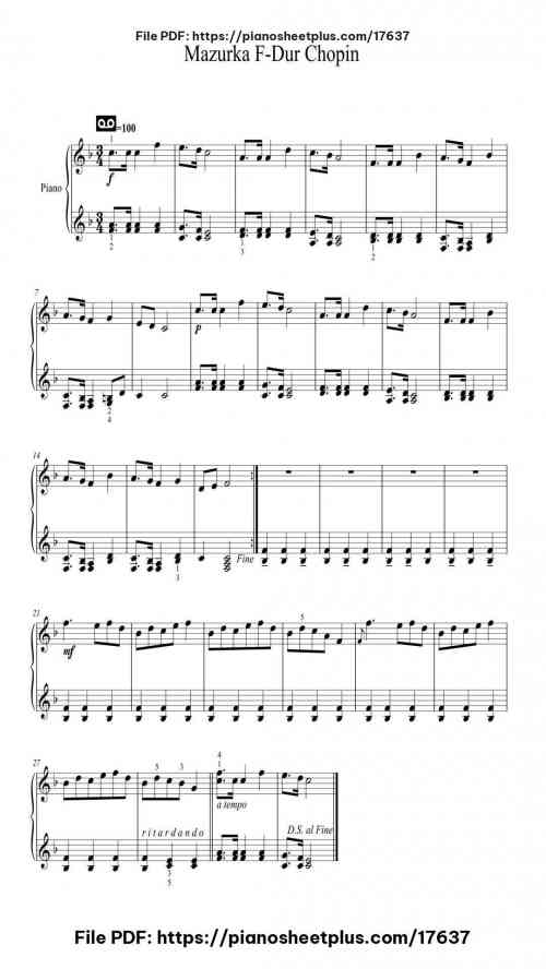 Mazurka in F Major by Frédéric Chopin Level Beginner 16 Mazurka in F Major by Frédéric Chopin Level Beginner