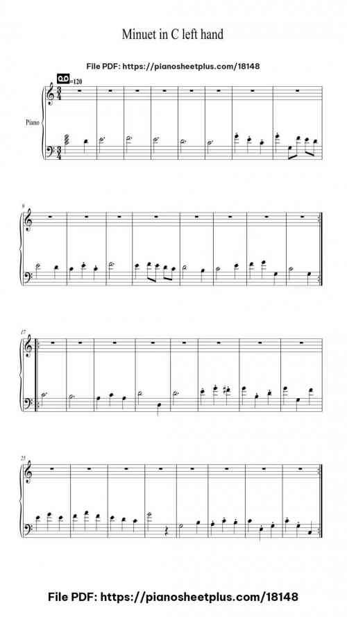 Minuet in C left hand by J.S. Bach Level Easy 2 Minuet in C left hand piano sheet music free pdf