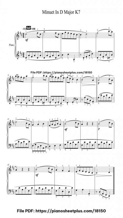 Minuet in D Major, K. 7 by Wolfgang Amadeus Mozart Level Easy 2 Minuet in D Major, K. 7 piano sheet music free pdf