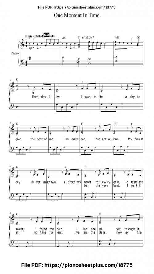 One Moment In Time by Whitney Houston Level Intermediate 5 One Moment In Time piano sheet music free pdf