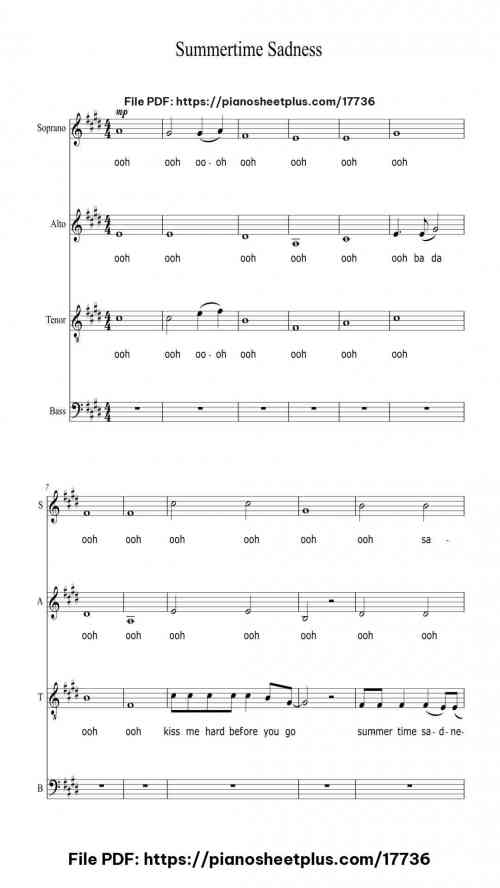 Summertime Sadness by Lana Del Rey Level Easy 11 Summertime Sadness piano sheet music free pdf