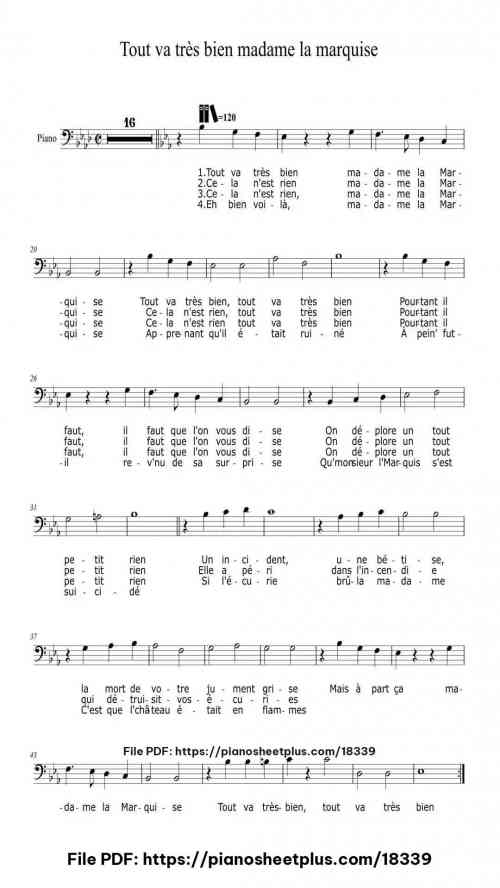 Tout va très bien madame la marquise by Paul Misraki Level Easy 3 Tout va très bien madame la marquise piano sheet music free pdf